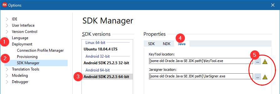Delphi RAD Studio SDK Manager - Android - Java Tab - Before