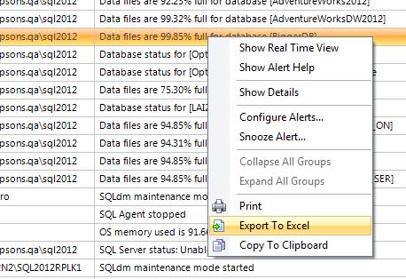 SQL Diagnostic Manager Export Grid to Excel