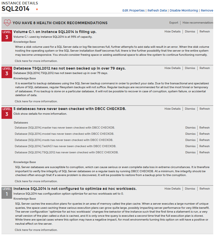 Expanded view of Health Checks recommendations in the SQL Elements Dashboard.