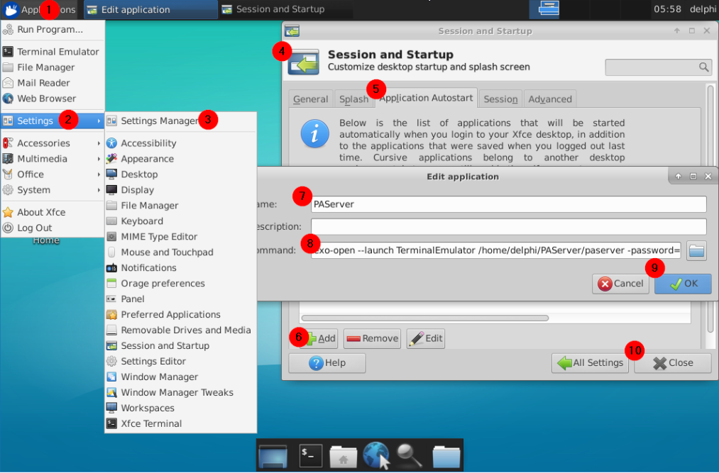 Setting Xfce4 to auto launch PAServer