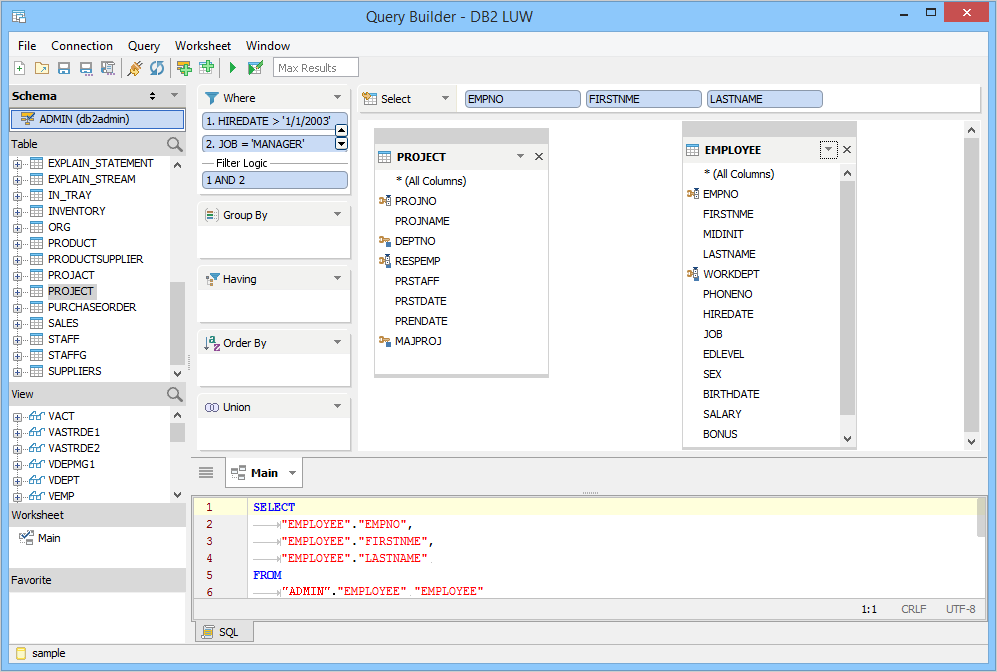 Create queries in the visual Query Builder of Aqua Data Studio.