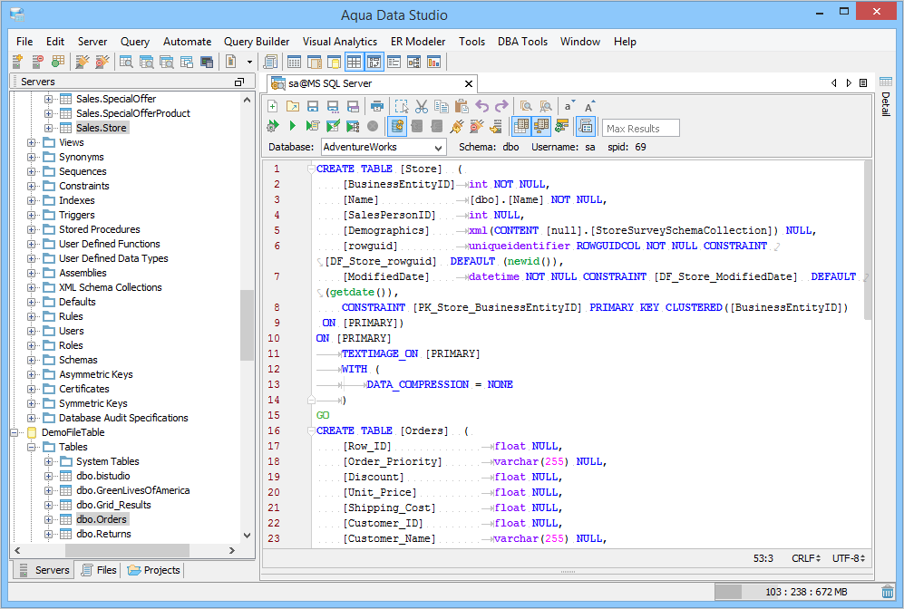 Explore and edit data source objects with visual GUI tools of Aqua Data Studio.