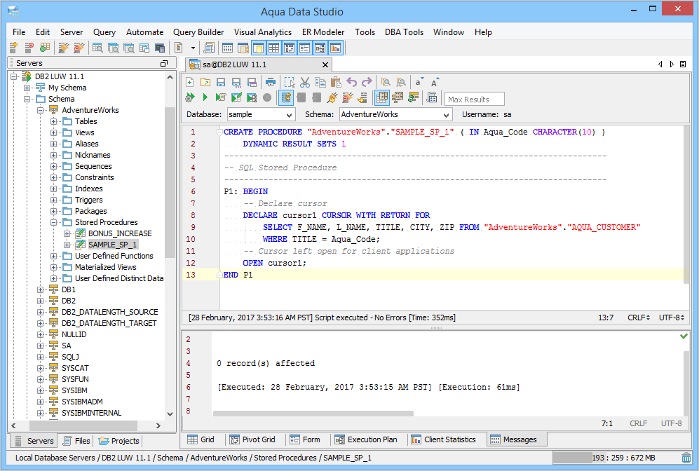 Navigate, view, and edit procedures, functions, and packages with the Schema Browser, Procedure Editor, Function Editor, and Package Editor of Aqua Data Studio.