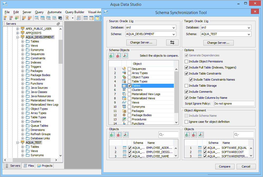 Compare and synchronize schemas and data with the Compare Tool of Aqua Data Studio.