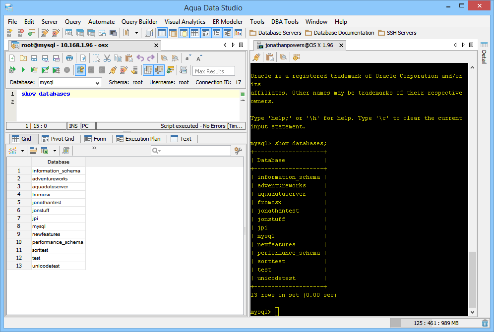 Work in a terminal window of the Secure Shell (SSH) of Aqua Data Studio.