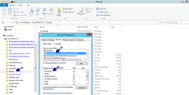 grant full control to Precise folder to Oracle user