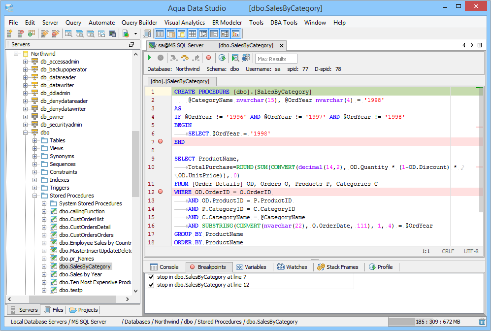 Debug SQL code in packages, procedures, and functions with the SQL Debugger of Aqua Data Studio.