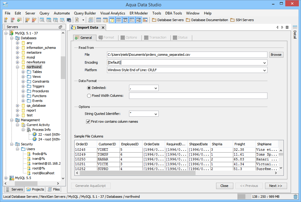 Insert and extract data of various formats into and from data sources, tables, files, and other objects with the Import Tool and Export Tool of Aqua Data Studio.