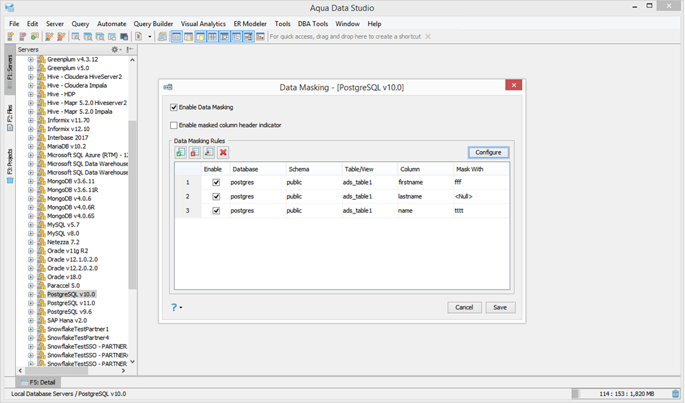 Protect sensitive data by obfuscating selected columns with the Data Masking tool of Aqua Data Studio.
