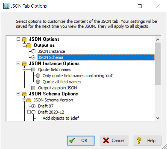 JSON Tab Options