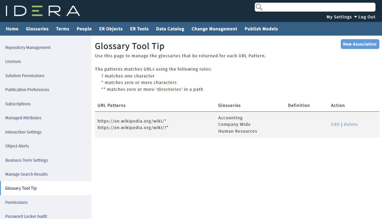 Glossary Tool Tip Admin page